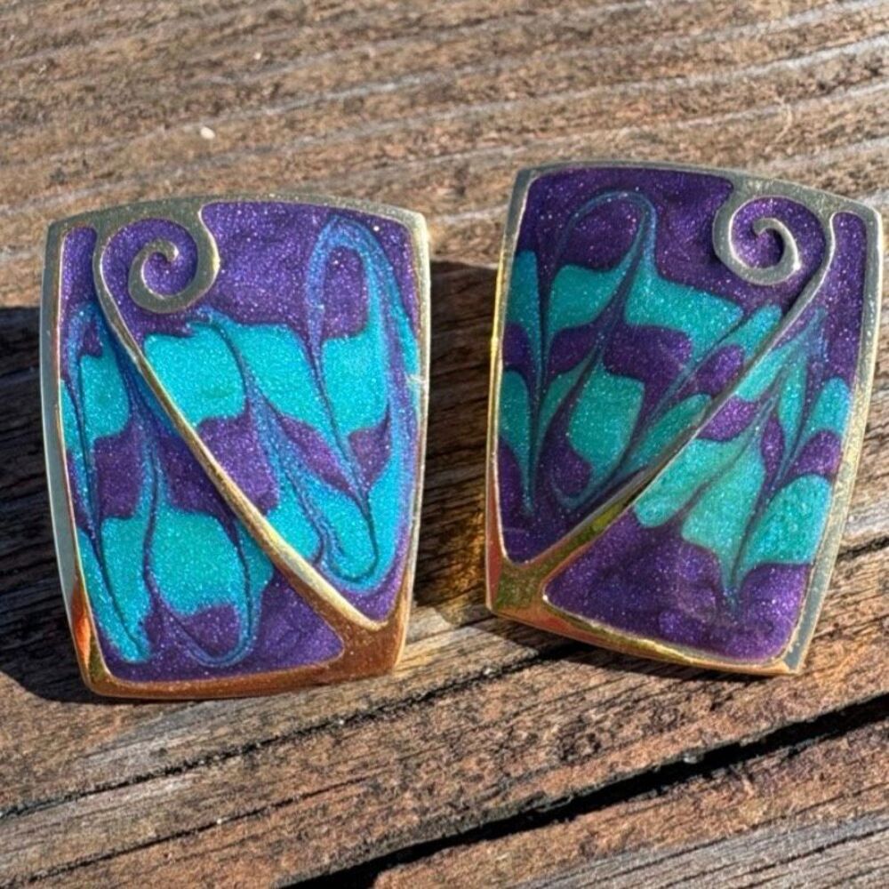 Berebi Art Deco Earrings Purple Teal Enamel Gold Tone Vintage Retro Chic